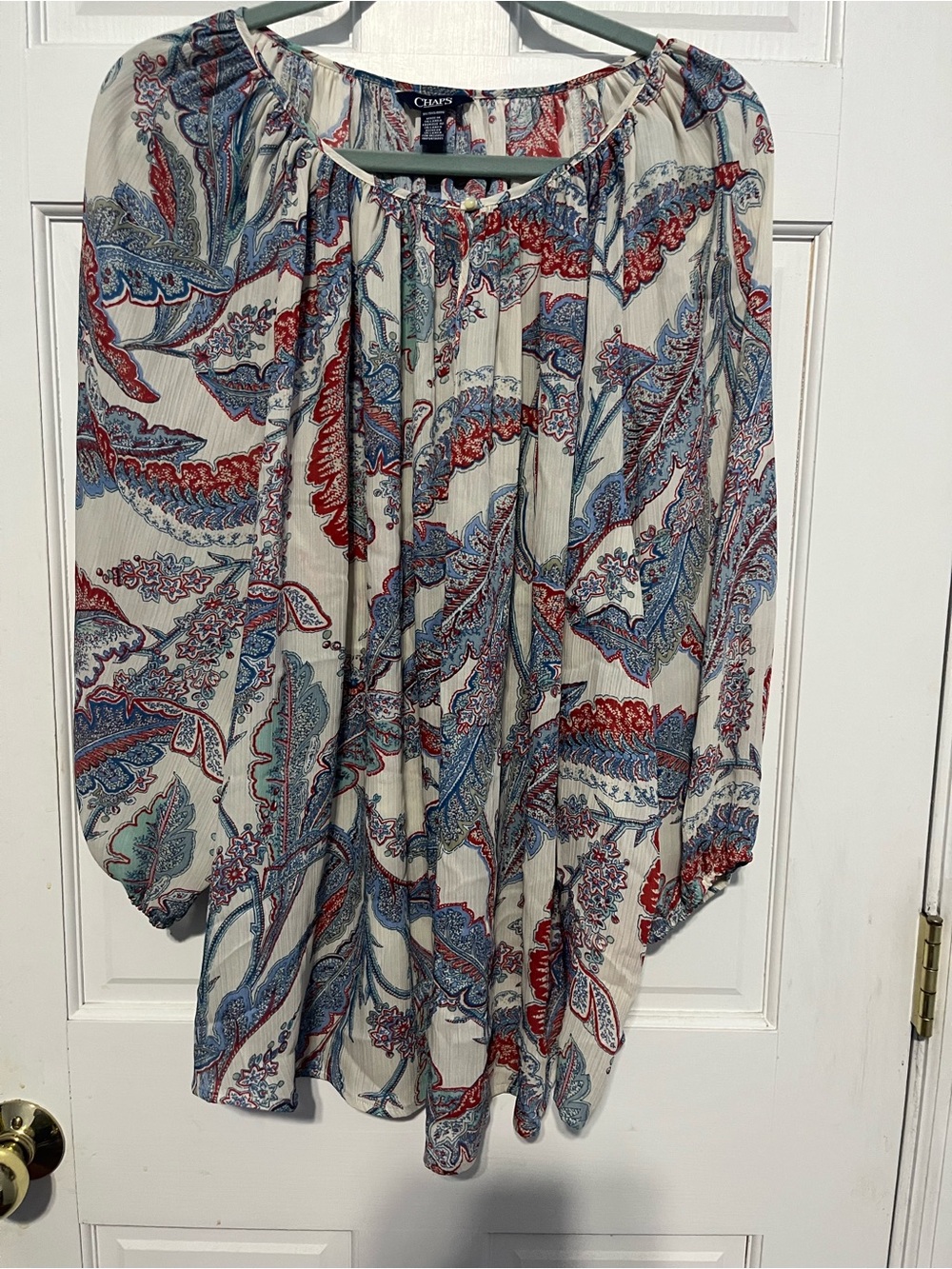 Chaps Red White & Blue Blouse 3/4 quarter sleeve, pearl button.